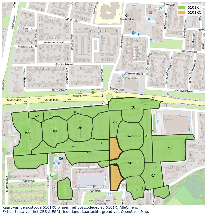 Afbeelding van het postcodegebied 5101 XC op de kaart.