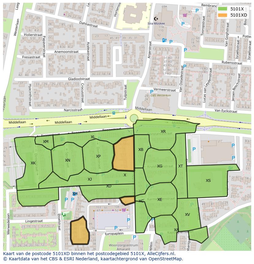 Afbeelding van het postcodegebied 5101 XD op de kaart.