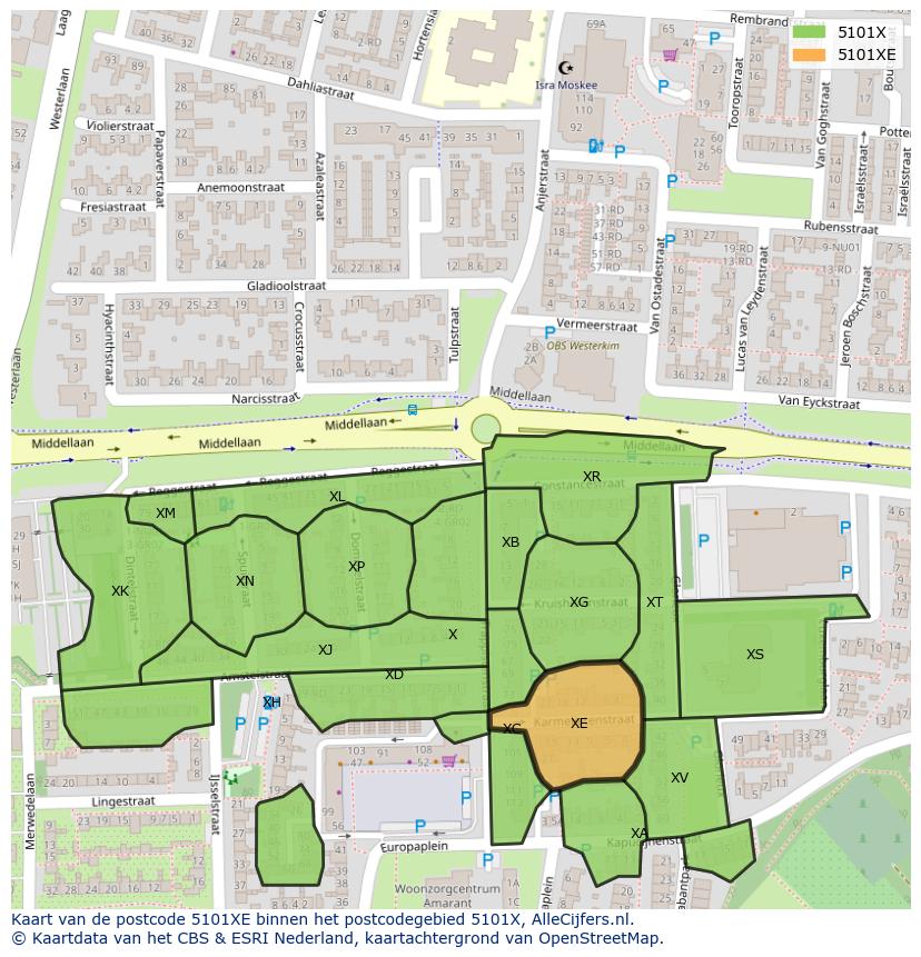 Afbeelding van het postcodegebied 5101 XE op de kaart.