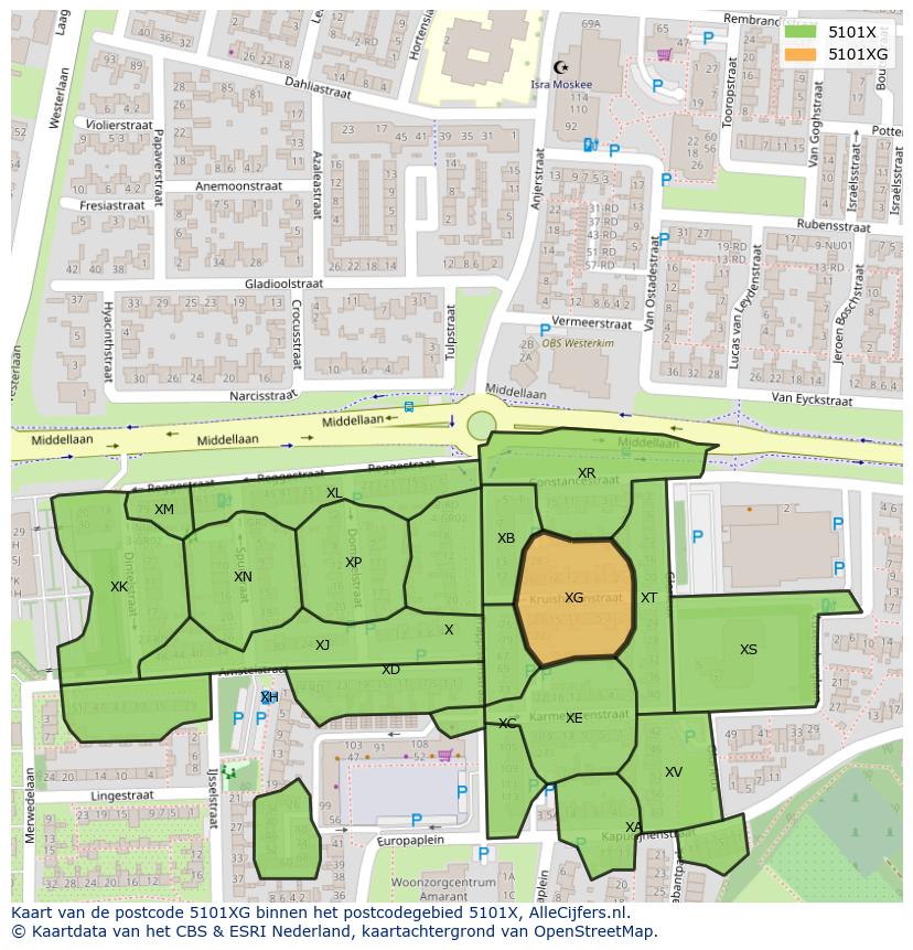 Afbeelding van het postcodegebied 5101 XG op de kaart.