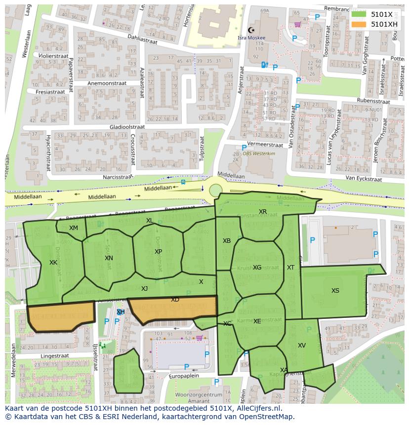 Afbeelding van het postcodegebied 5101 XH op de kaart.