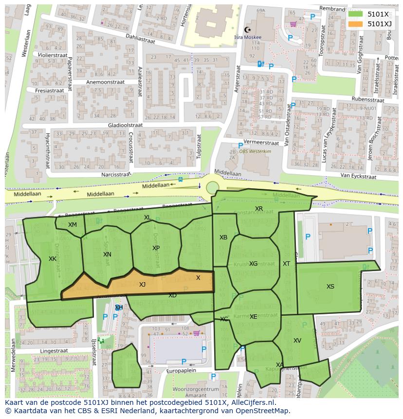 Afbeelding van het postcodegebied 5101 XJ op de kaart.