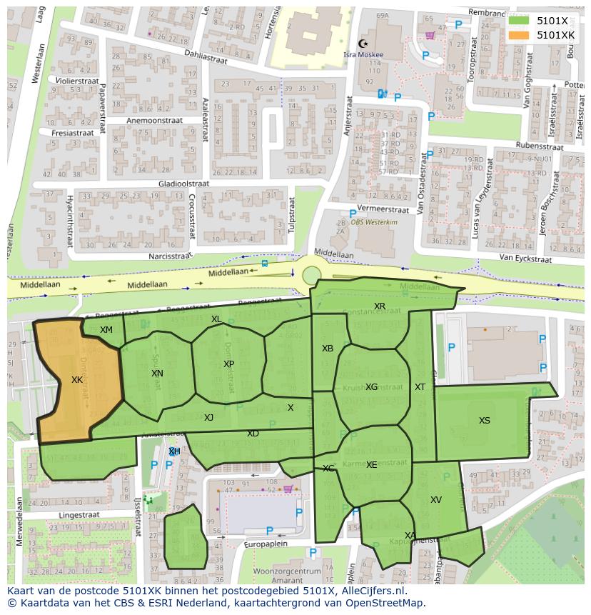 Afbeelding van het postcodegebied 5101 XK op de kaart.