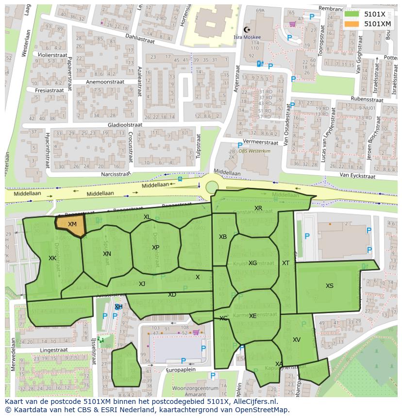 Afbeelding van het postcodegebied 5101 XM op de kaart.