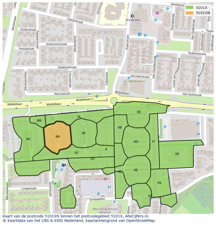 Afbeelding van het postcodegebied 5101 XN op de kaart.