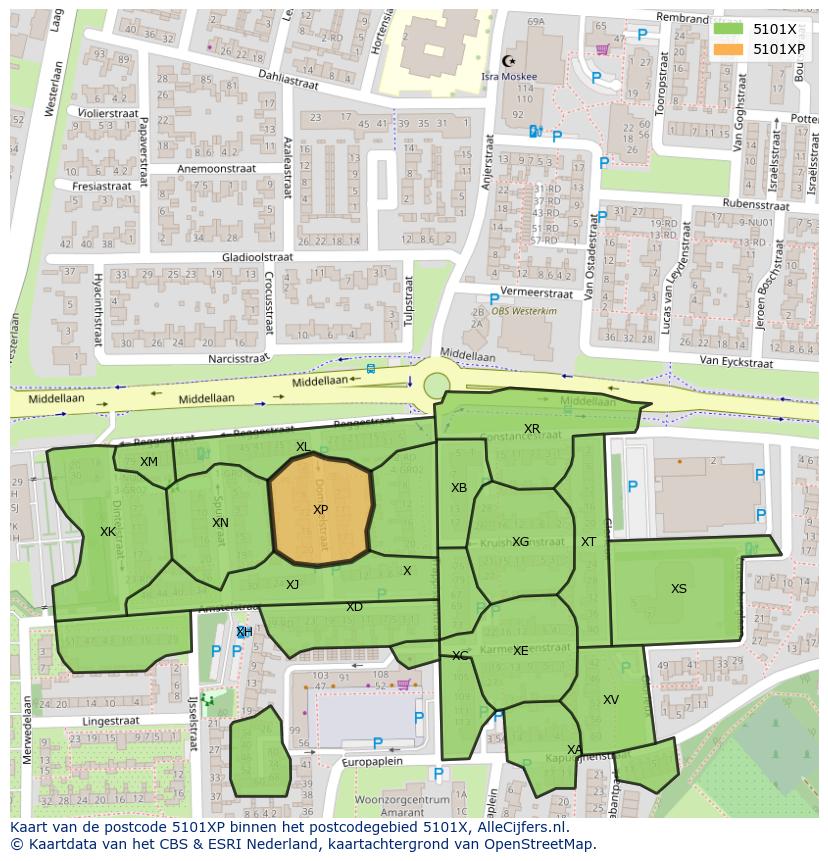Afbeelding van het postcodegebied 5101 XP op de kaart.