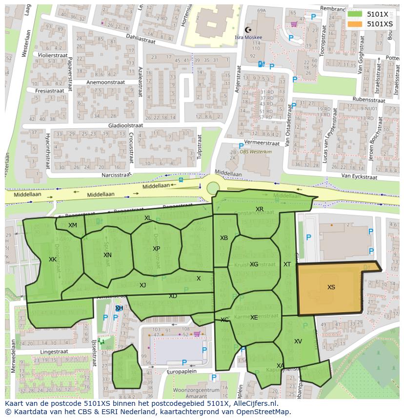 Afbeelding van het postcodegebied 5101 XS op de kaart.