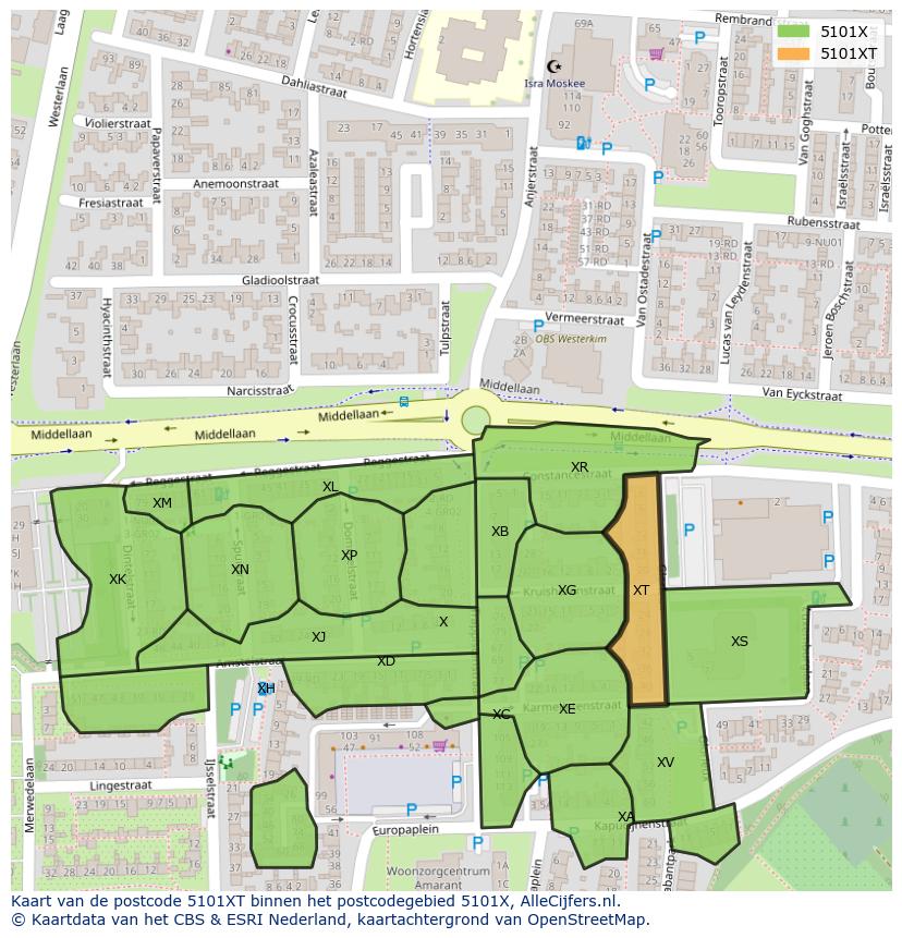 Afbeelding van het postcodegebied 5101 XT op de kaart.