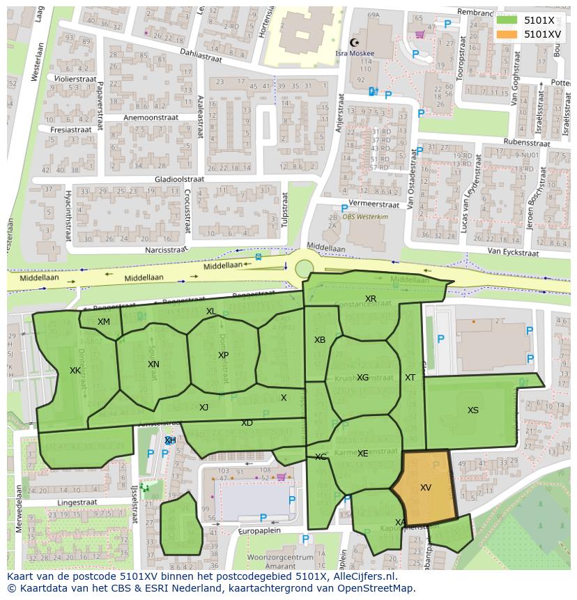 Afbeelding van het postcodegebied 5101 XV op de kaart.