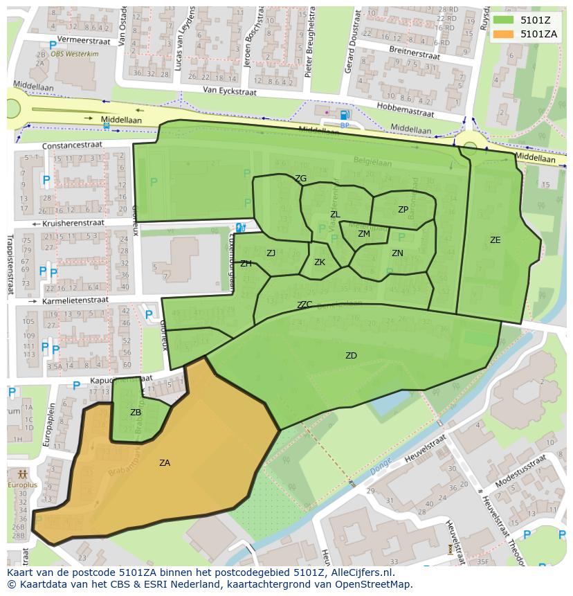 Afbeelding van het postcodegebied 5101 ZA op de kaart.