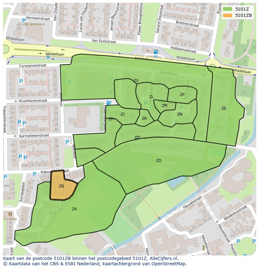 Afbeelding van het postcodegebied 5101 ZB op de kaart.