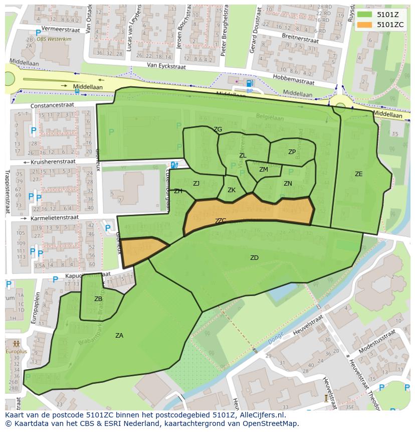 Afbeelding van het postcodegebied 5101 ZC op de kaart.