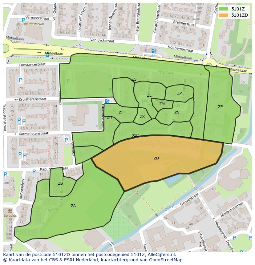 Afbeelding van het postcodegebied 5101 ZD op de kaart.