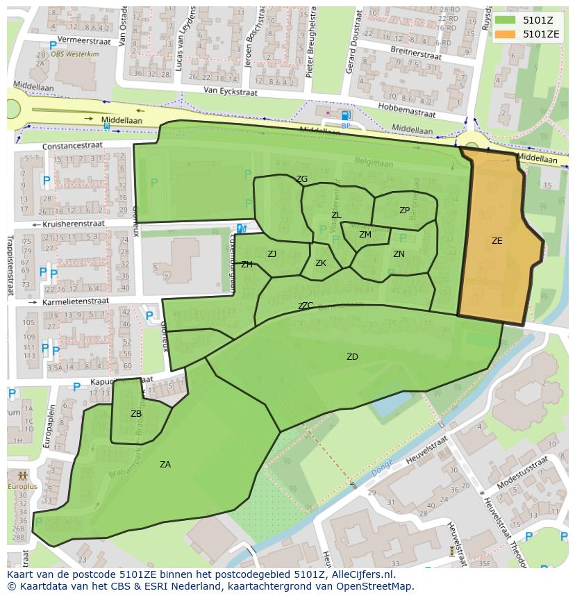 Afbeelding van het postcodegebied 5101 ZE op de kaart.