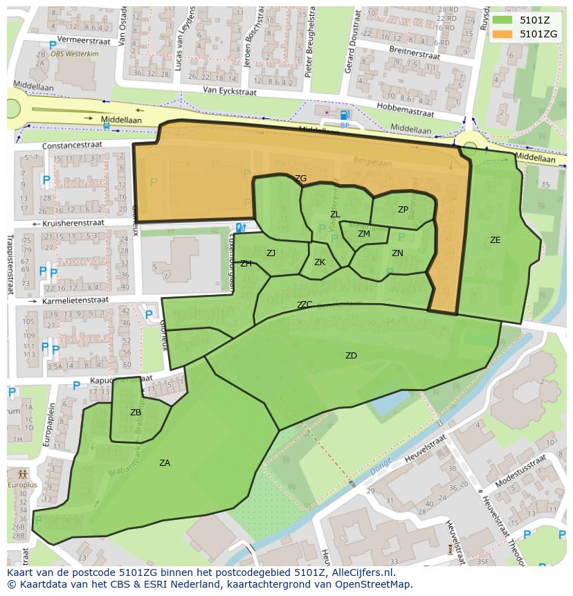 Afbeelding van het postcodegebied 5101 ZG op de kaart.