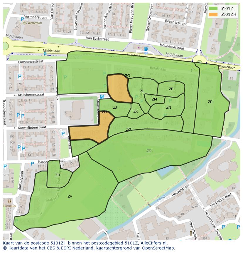 Afbeelding van het postcodegebied 5101 ZH op de kaart.