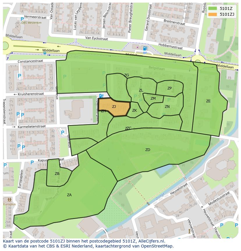 Afbeelding van het postcodegebied 5101 ZJ op de kaart.