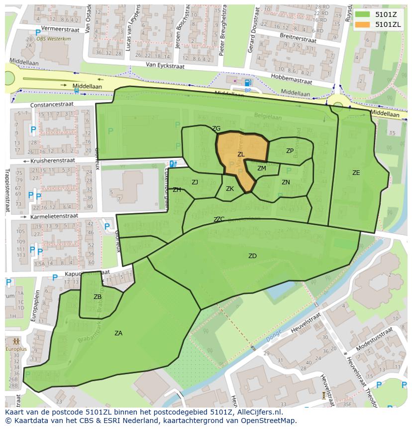 Afbeelding van het postcodegebied 5101 ZL op de kaart.