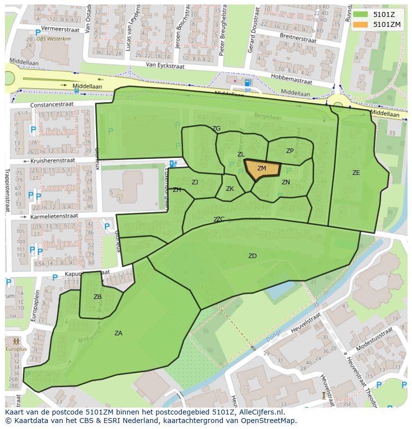 Afbeelding van het postcodegebied 5101 ZM op de kaart.
