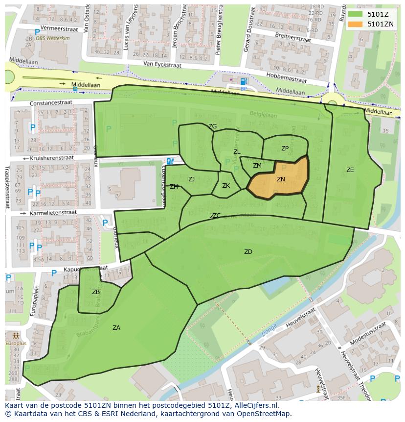 Afbeelding van het postcodegebied 5101 ZN op de kaart.