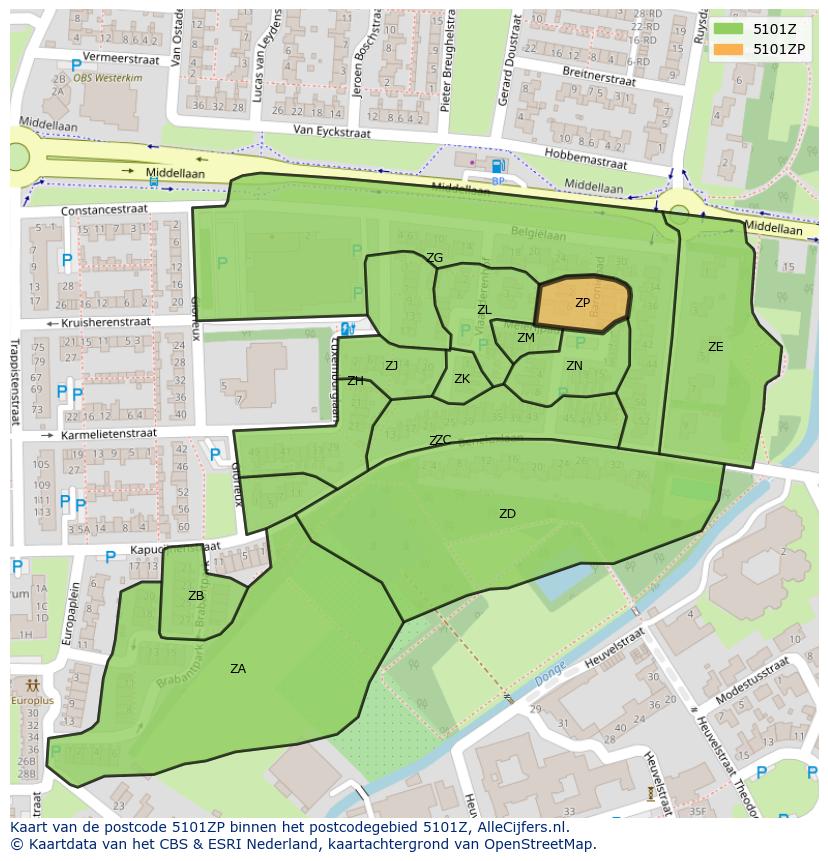 Afbeelding van het postcodegebied 5101 ZP op de kaart.