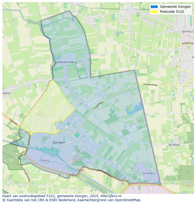 Afbeelding van het postcodegebied 5102 op de kaart.