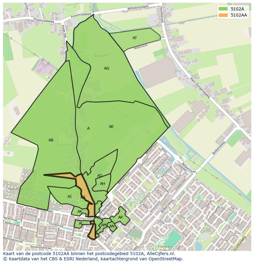 Afbeelding van het postcodegebied 5102 AA op de kaart.