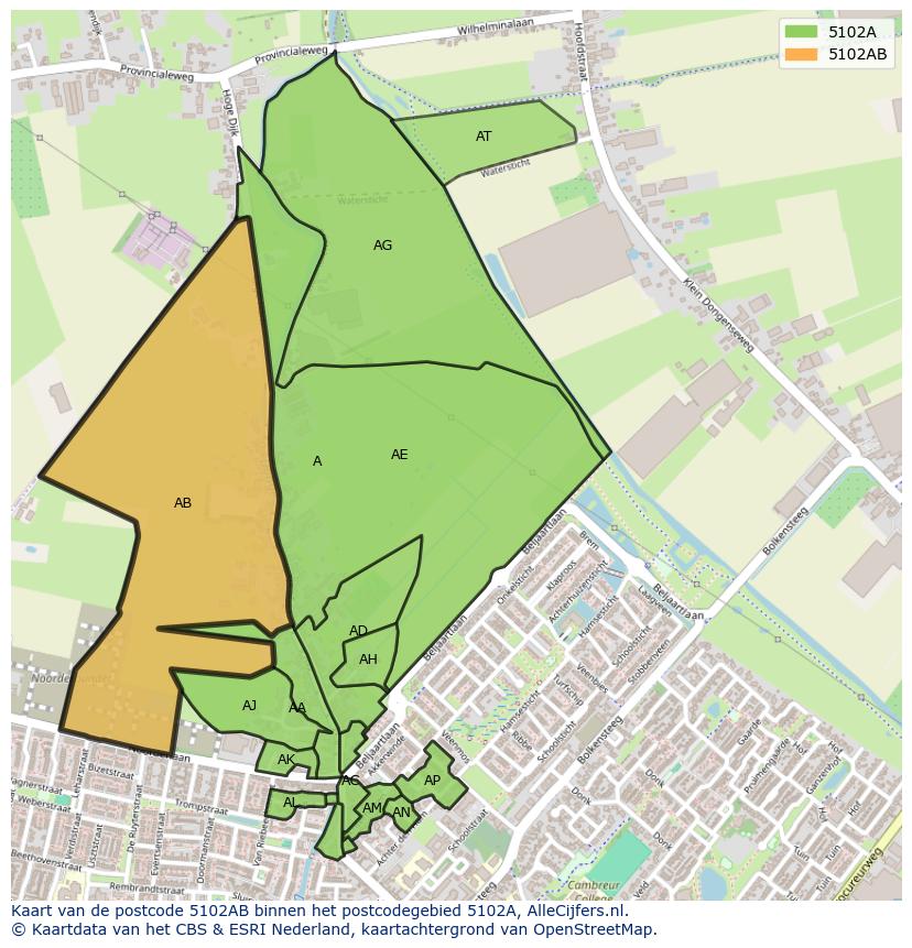 Afbeelding van het postcodegebied 5102 AB op de kaart.