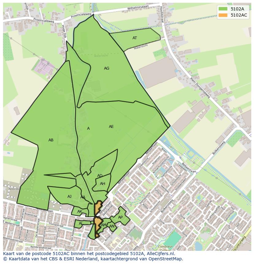 Afbeelding van het postcodegebied 5102 AC op de kaart.
