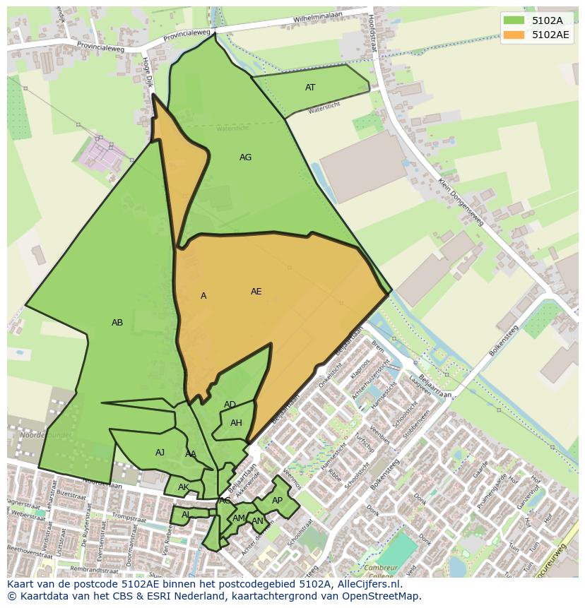 Afbeelding van het postcodegebied 5102 AE op de kaart.