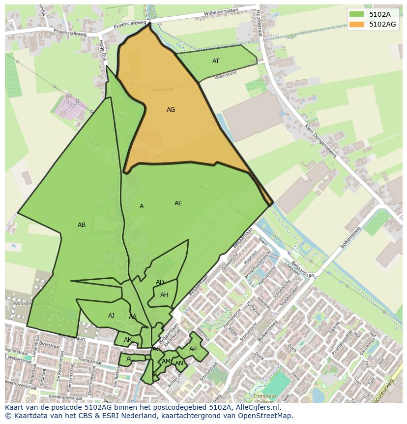 Afbeelding van het postcodegebied 5102 AG op de kaart.