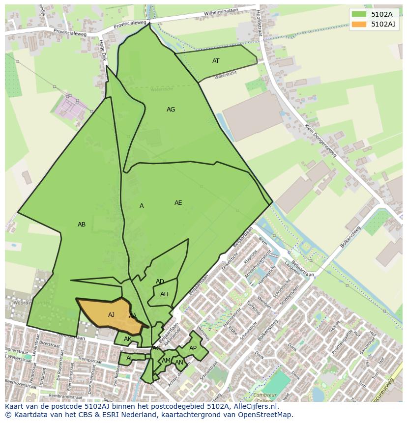 Afbeelding van het postcodegebied 5102 AJ op de kaart.