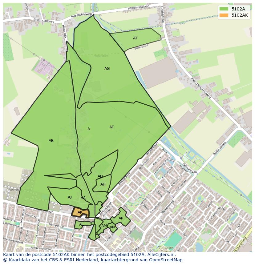 Afbeelding van het postcodegebied 5102 AK op de kaart.