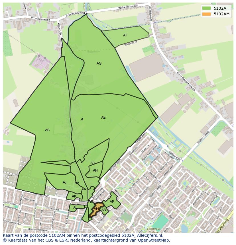 Afbeelding van het postcodegebied 5102 AM op de kaart.