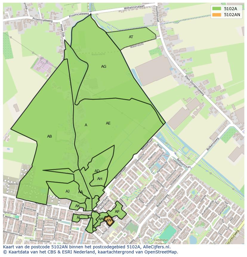 Afbeelding van het postcodegebied 5102 AN op de kaart.