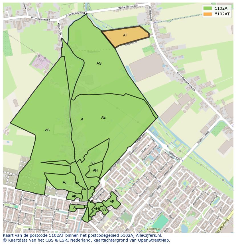 Afbeelding van het postcodegebied 5102 AT op de kaart.