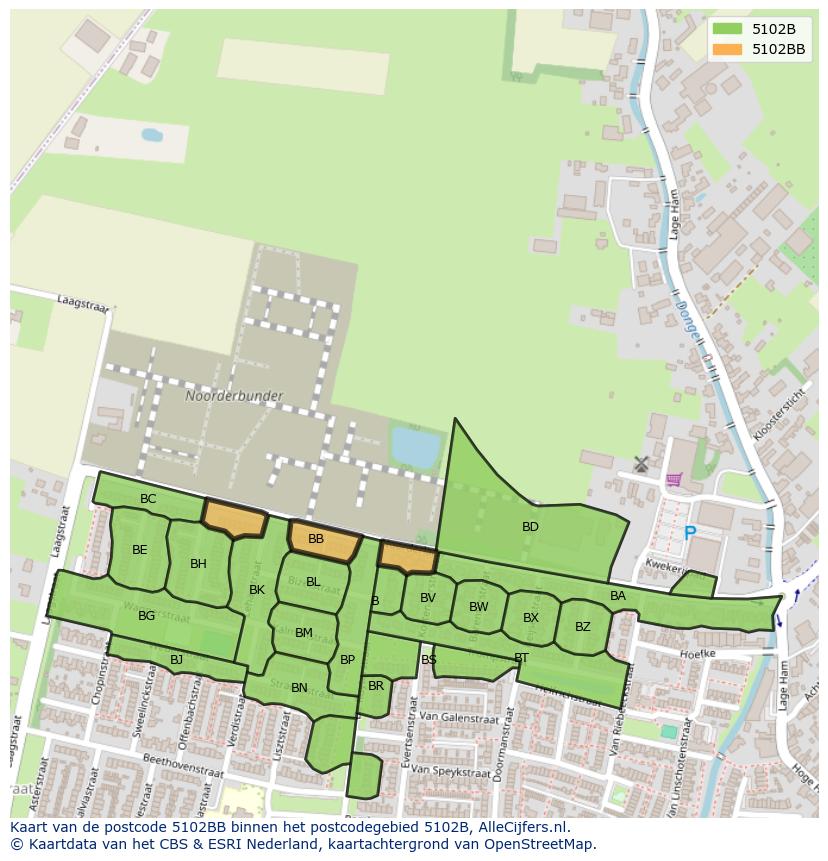 Afbeelding van het postcodegebied 5102 BB op de kaart.