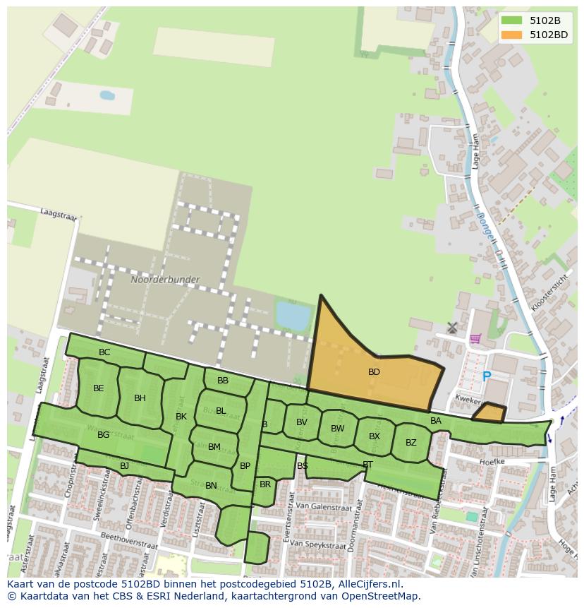 Afbeelding van het postcodegebied 5102 BD op de kaart.