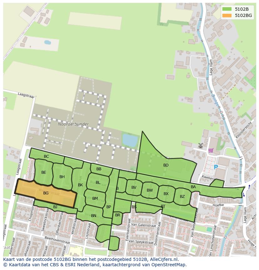 Afbeelding van het postcodegebied 5102 BG op de kaart.