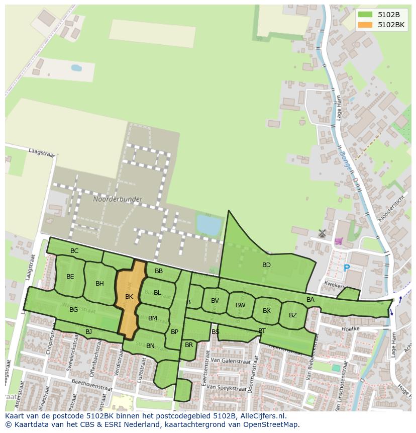 Afbeelding van het postcodegebied 5102 BK op de kaart.