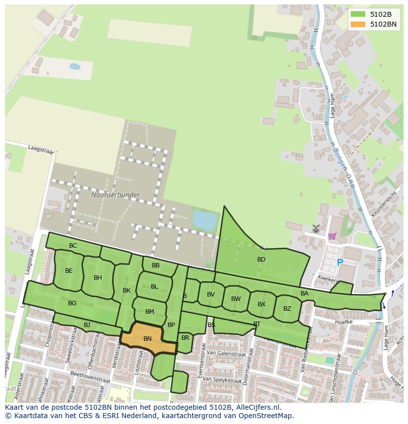 Afbeelding van het postcodegebied 5102 BN op de kaart.