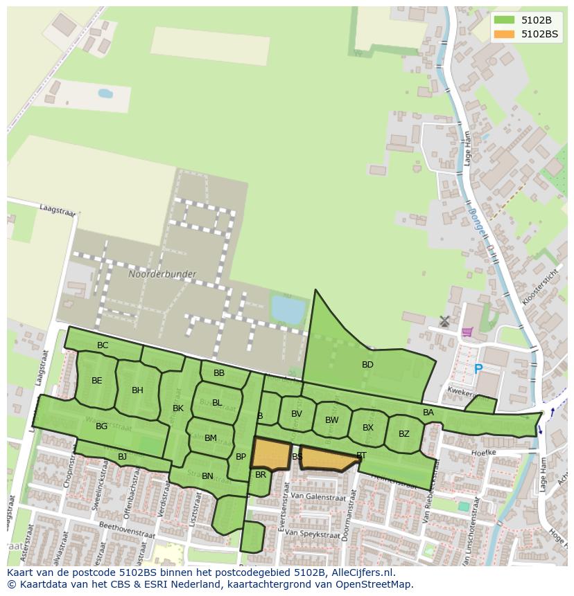 Afbeelding van het postcodegebied 5102 BS op de kaart.