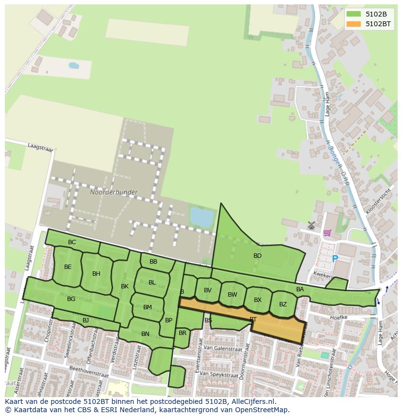 Afbeelding van het postcodegebied 5102 BT op de kaart.