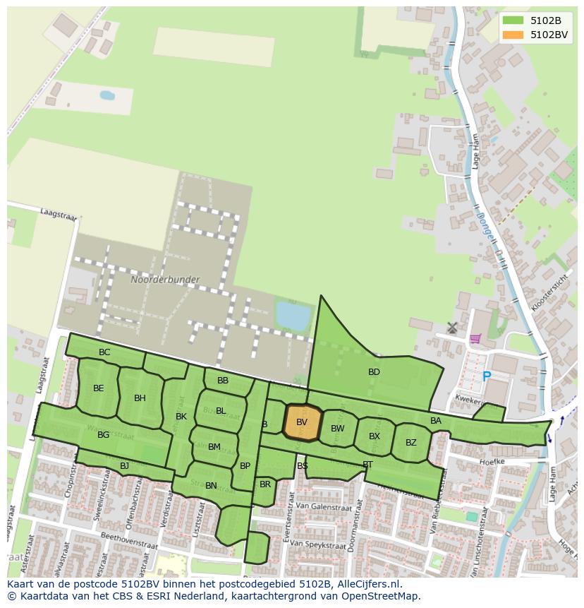 Afbeelding van het postcodegebied 5102 BV op de kaart.