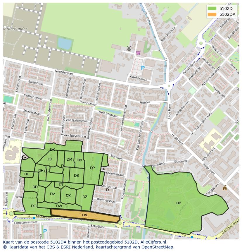 Afbeelding van het postcodegebied 5102 DA op de kaart.