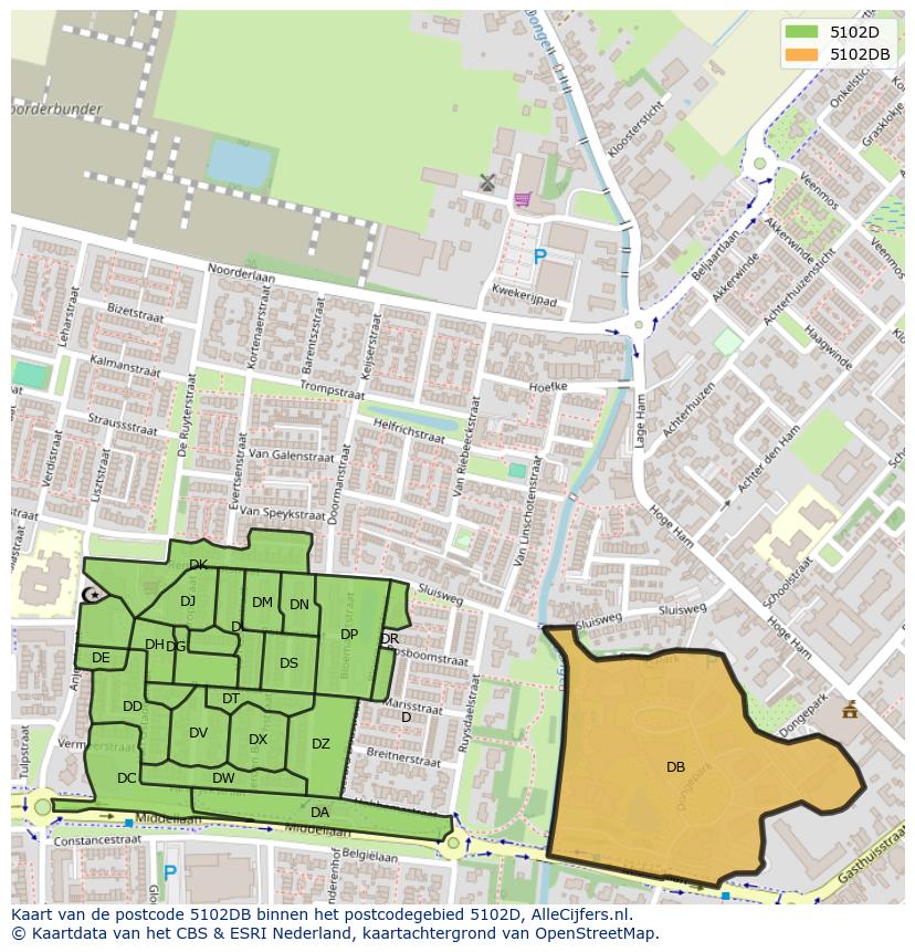 Afbeelding van het postcodegebied 5102 DB op de kaart.