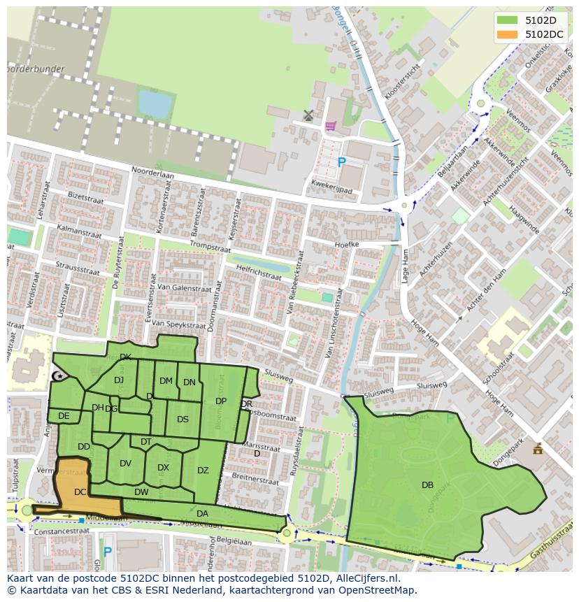 Afbeelding van het postcodegebied 5102 DC op de kaart.