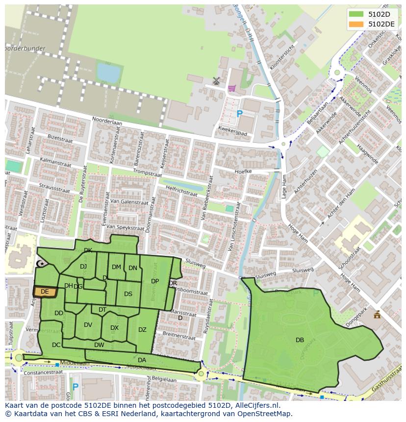 Afbeelding van het postcodegebied 5102 DE op de kaart.