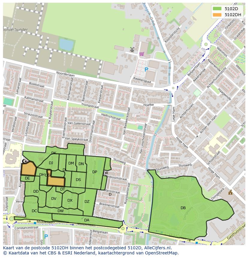 Afbeelding van het postcodegebied 5102 DH op de kaart.
