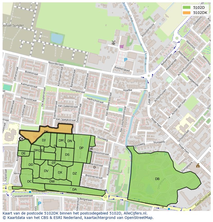 Afbeelding van het postcodegebied 5102 DK op de kaart.